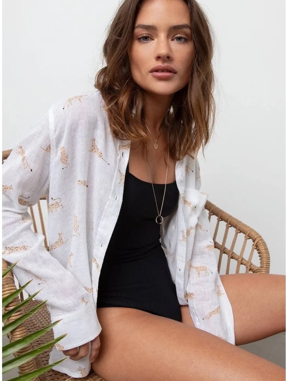 Rails Charli Jungle Cat Linen Buttondown Shirt White XS